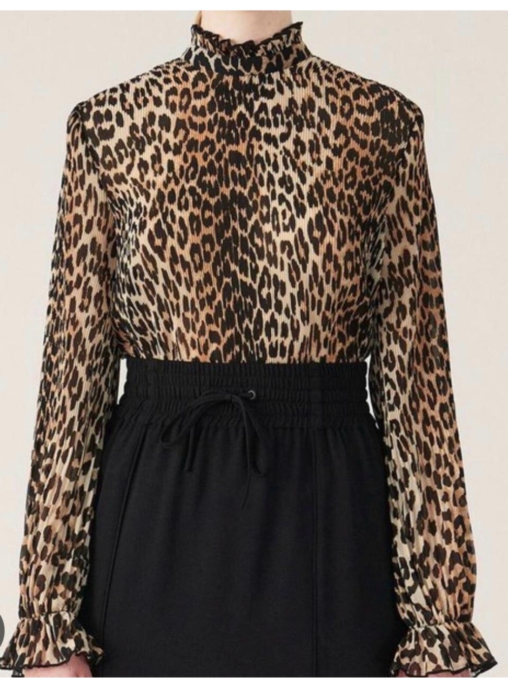 Ganni Leopard-Print Ruffle Mock Neck Blouse in Brown and Black